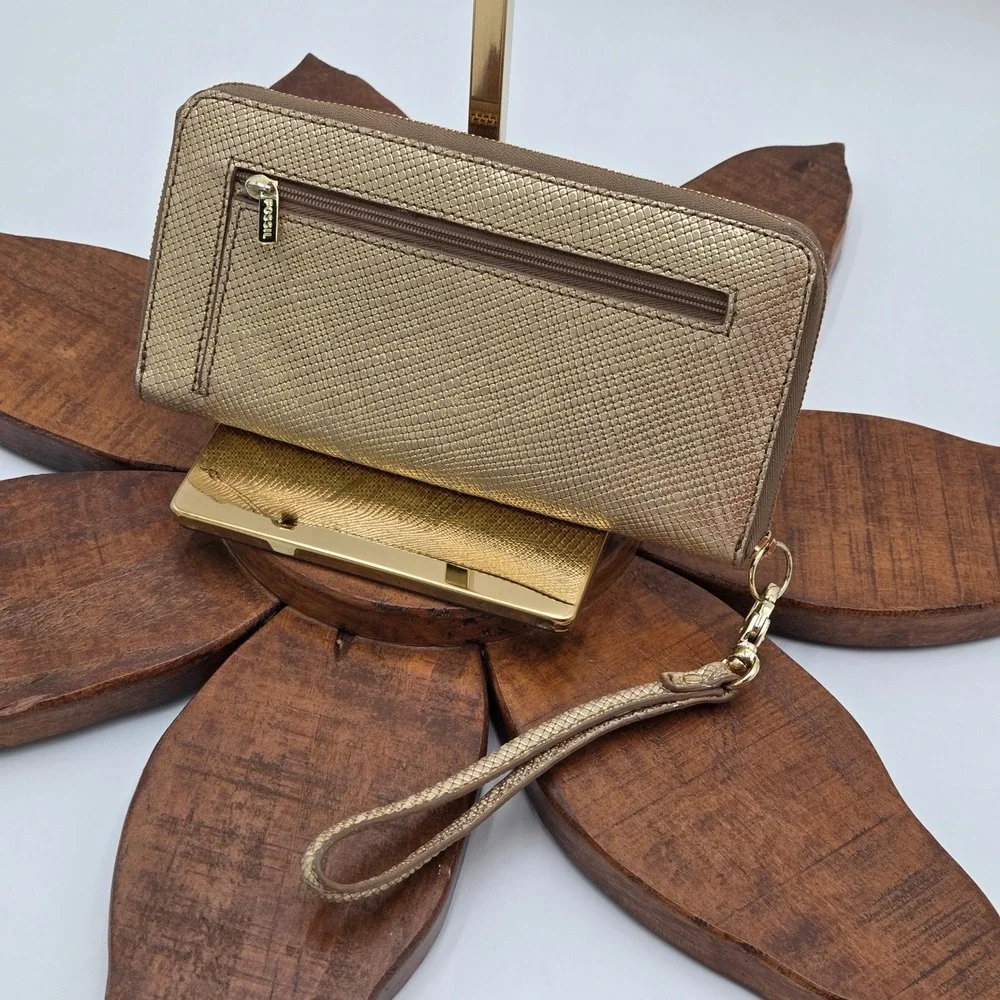 Fossil Logan Zip Around Clutch Wallet Metallic Gold Snake Embossed 8
